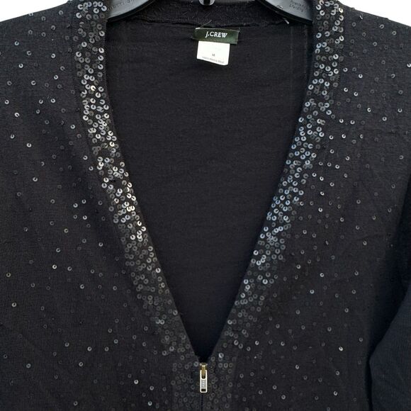 J.Crew Womens Merino Wool Sequined Zip Cardigan Size M Black Quiet Luxury Preppy - Picture 2 of 6